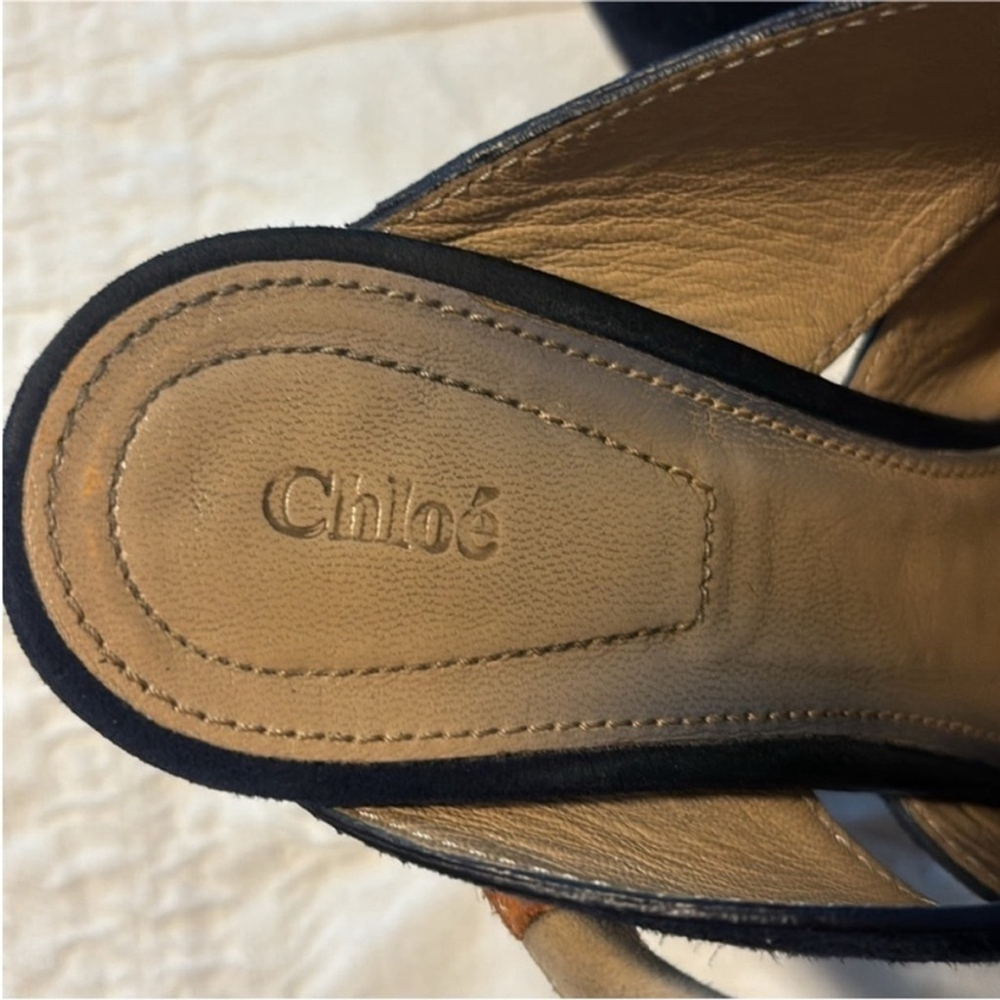 Chloé Nellie Suede Sandals Slip On Block Heel Knot Detail Navy Blue Women's US 5 - Picture 8 of 13